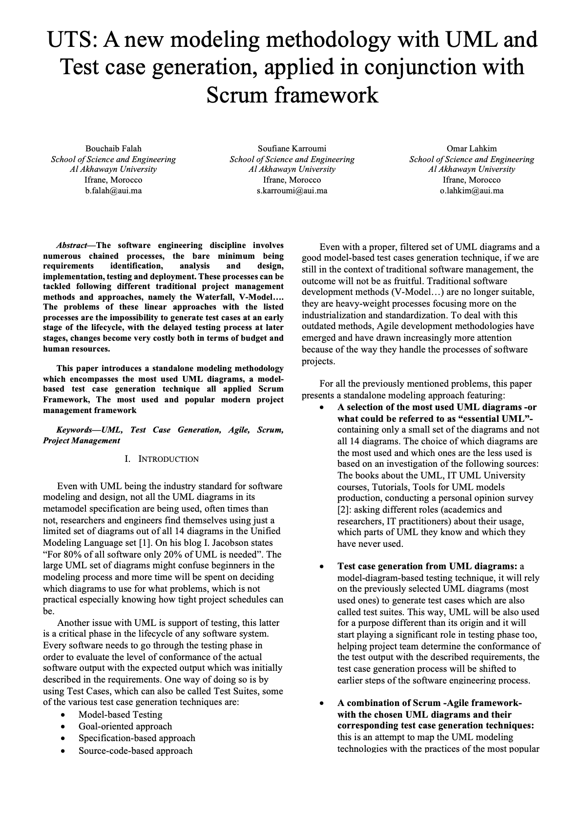 UTS: A New Modeling Methodology with UML and Test Case Generation, Applied in Conjunction with Scrum Framework